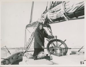 Image of Miriam at wheel on the Bowdoin